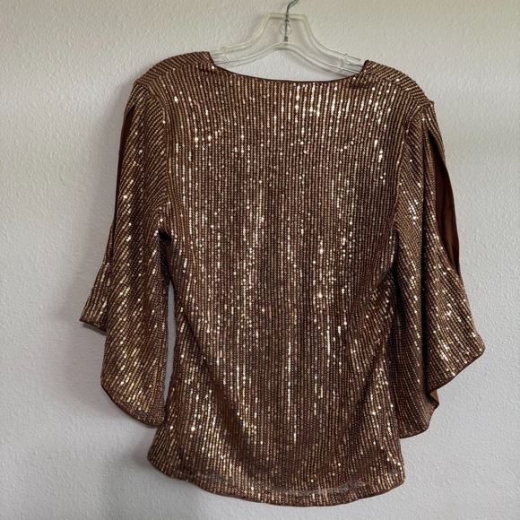 Grace Karin Sequin Top Women Medium Brown Glitter V-Neck 3/4 Sleeve Party Blouse - Picture 5 of 12